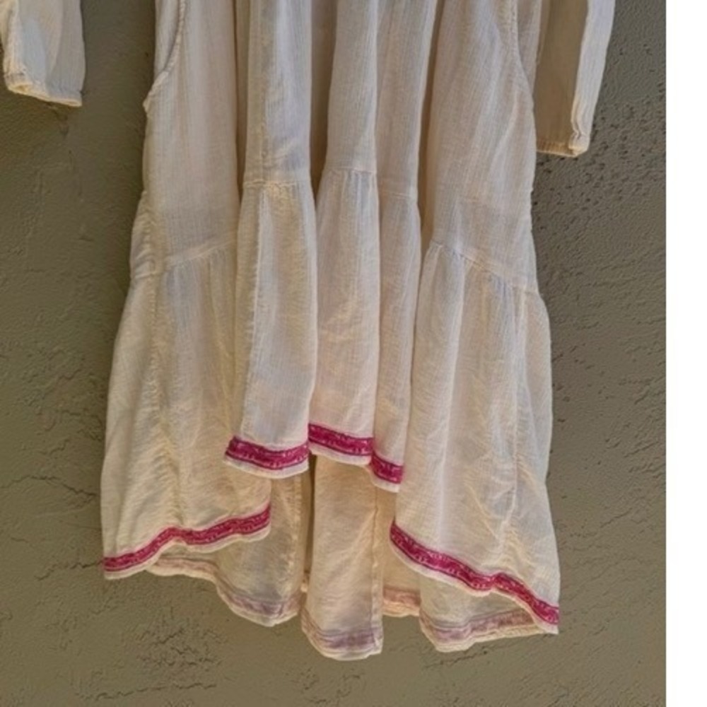 Free People Cream Pink Embroidered Gauze High Low Long Sleeve Midi Dress SMALL - Picture 8 of 10